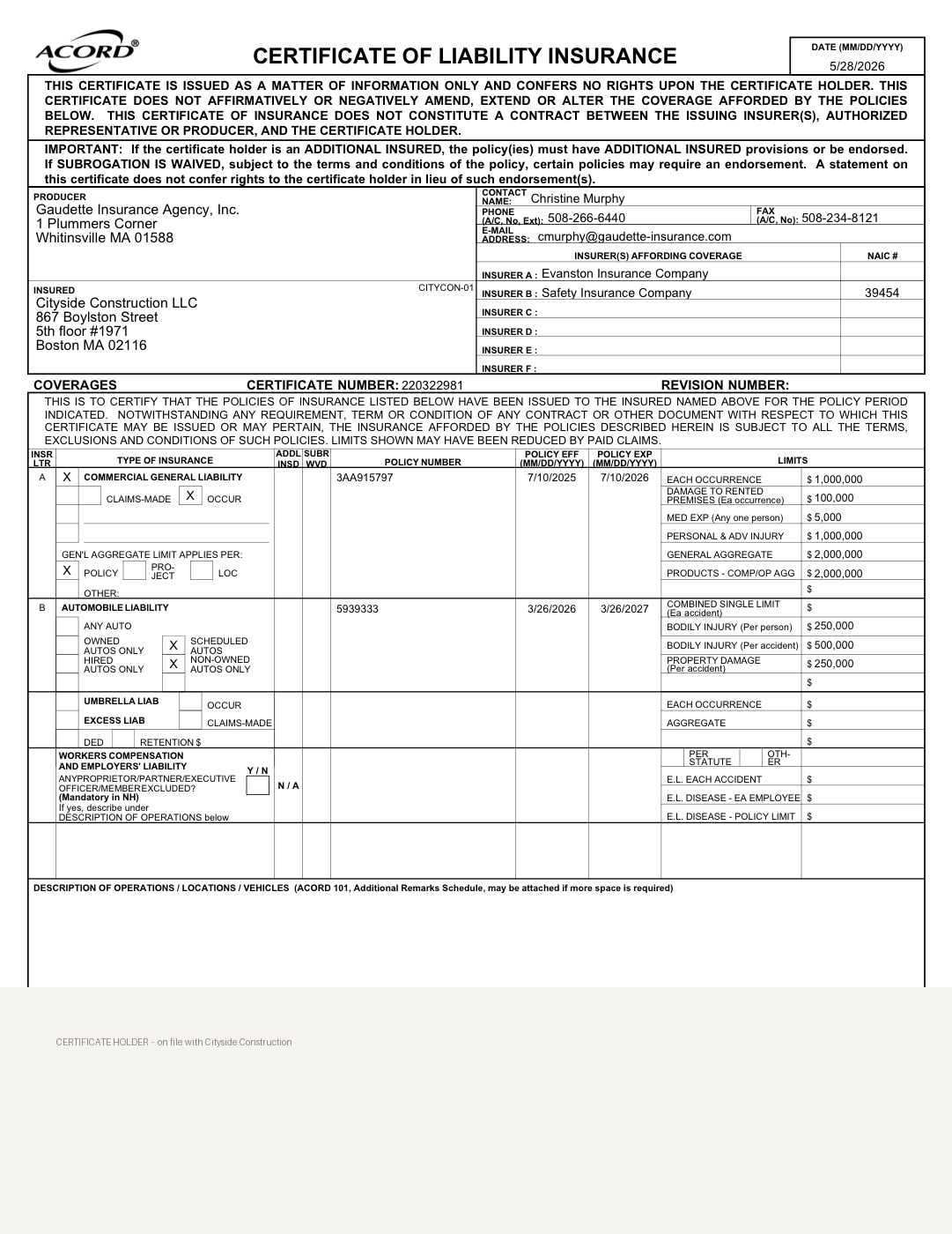 Certificate of Insurance